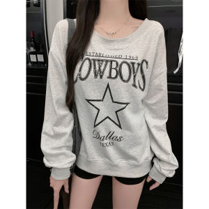 เสื้อสเวตเตอร์คอกลมแขนยาวพิมพ์ลายตัวอักษรสไตล์อเมริกันย้อนยุคสำหรับผู้หญิงในช่วงต้นฤดูใบไม้ร่วง ทรงหลวมๆ สไตล์ลำลอง เสื้อผ้าทำงาน