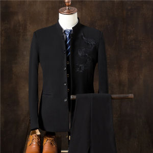 Chinese Style Wedding Suit Three-Piece Set Mens Casual Jacket Marriage Ceremony Clothing Standard Fit Fashion Urban Polyester Blend