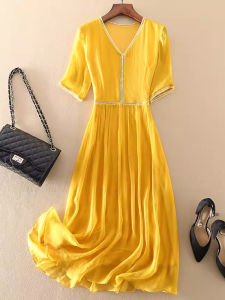 XMO | V-Neck Pure Color Silk A-Line Dress