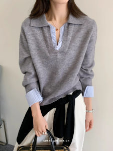 YUANYA | Relaxing V-Neck Spliced Loose Layered Sweater