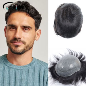 0.08-0.10MM Single Knot Full PU Toupee For Men Human Hair Natural Black Mens Wig Men Capillary Prosthesis Hair Unit Replacement