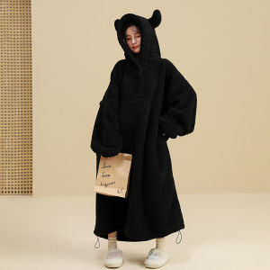 ชุดอาบน้ำผู้หญิงสีดำ ผ้าฝ้ายผสมยาวคลุมไหล่แบบสวมหัว ผ้าเช็ดตัวนักเรียน ชุดนอนหลับในน้ำ ฤดูใบไม้ร่วง 2025 ใหม่