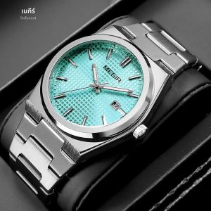 MEGIR แฟชั่นนาฬิกาควอทซ์อะนาล็อกสําหรับผู้ชายสายเหล็กกันน้ําส่องสว่างนาฬิกาข้อมือพร้อมปฏิทิน Aquamarine Dial 1086