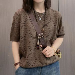⚡Port⚡ blouses women new style 2025 Summer Knitted Sweater Hollowed Out Casual Fashion Short Sleeve Blouse women new style 2️⃣0️⃣2️⃣5️⃣