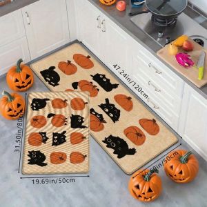VIKAMA 1/2Pcs Halloween Black Cat Pumpkin Kitchen Rug Anti‑Slip Floor Mat Fall Doormat for Entrance Hallway Home Decor