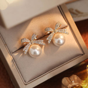 Pianist | Micro-inlaid Zircon Bow Pearl Earrings