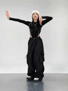 Multi-pockets 7-15yrs Cargo Pants for Kids Girl High Waist Jogging Pants Loose Fit Wild-Leg Pants Baggy Pants for Girl