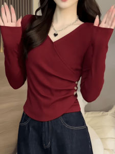 Ankela Red Pleated V-Neck Long Sleeve Slim Fit Short T-Shirt Womens Autumn Winter Small Size Waist Cinched Slimming Base Top