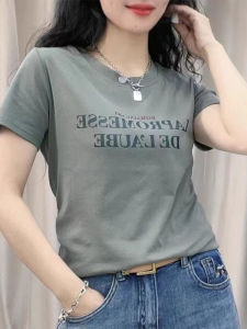 Summer New Womens Pure Cotton Short Sleeve T-Shirt Short Style Shoulder Casual Loose Fit round Neck Basic Color Creative Pattern