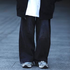 Retro Japanese Style Straight Leg Jeans Mens Washed Faded Wide Leg Pants Long Trousers Youth Fashion Casual Loose Fit Jeans