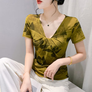 REHIN เสื้อยืดคอวีสั้นสำหรับผู้หญิงตาข่ายช่องผ่านสั้นแต่งระบายแฟชั่นฤดูใบไม้ร่วง