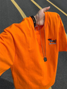 LIUBU | Dopamine Orange Dachshund Embroidery Cotton Short Sleeve T-shirt