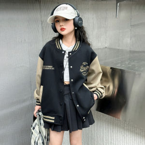 Spring Autumn Childrens Baseball Jacket Girls Fashionable Versatile Cotton Coat round Neck Single Button Closure No Hat