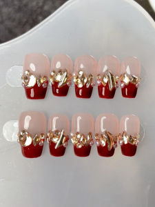 Handmade Wear Armor Ultra Short Middle Ladder UV Nail Beauty New Year Armor Gentle Aurora Diamond Champagne French Fake Nails