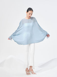 Silk Shawl Lantern Sleeve Shirt Womens Loose Fit Long Sleeve round Neck Pure Color Summer Fashion Commute Style Blue Tu Brand