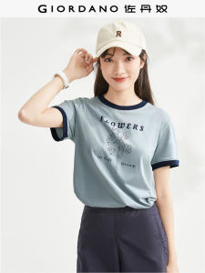 Giordano Pure Cotton Short Sleeve T-Shirt Womens New Style Sweet Flower Print round Neck Body Shirt Summer Casual Wear