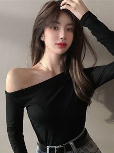 เซ็กซี่ เสื้อยืดแขนยาว Pure Desire เดือยไหล่ ผู้หญิง ฤดูใบไม้ร่วง ฤดูหนาว ร้อน เด็กผู้หญิง พลีท เอว Cinched เสื้อท่อนบน เสื้อยืดสไตล์ Ins