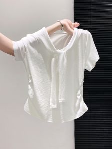 Áo Thun Nữ Tay Ngắn Mùa Hè Thiết Kế Mới Giả Hai Mảnh Áo Chui Đầu Cổ Chữ V Màu Trơn Không Có Đệm Ngực Kiểu Dáng Ôm Vừa Vặn