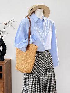 Blue Cotton Long Sleeve Shirt Womens Casual Layering Top Artistic Design Comfortable Loose Fit Button Detail Rear Split