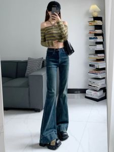 Quần Jeans Ống Loe Retro Blue Cho Nữ Quần Ống Thẳng Ôm Dáng Ôm Vừa Vặn Cạp Cao Quần Dài Thu Đông Thời Trang