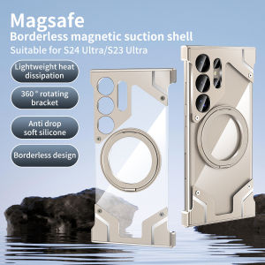 Luxury Aluminum Alloy Rimless 360° Magnetic Bracket Phone Case for Samsung Galaxy S25 S24 S23 S22 Ultra Shockproof Transparent