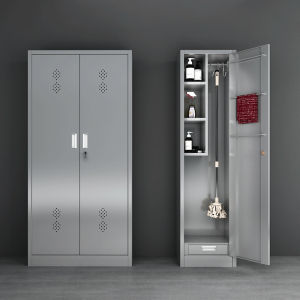 Stainless Steel Broom and Cleaning Tool Storage Cabinet