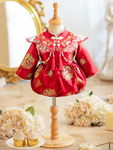One Year Old Birthday Girl Baby Cheongsam Red Qipao Costume Cotton Lined Autumn Winter Children Ethnic Wear Full Body Suit