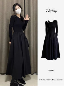 Hebe Style Long Sleeve Black Dress Womens Autumn Small Size High Waist Slimming Inner Wear Base Skirt Commute Korean Style round Neck High Waist Long Dress