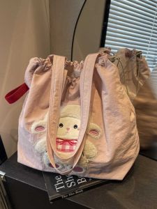 Large Capacity Canvas Tote Bag Womens Commuter Shoulder Bag Cute Little Lamb Design Versatile Student Class Travel Bag