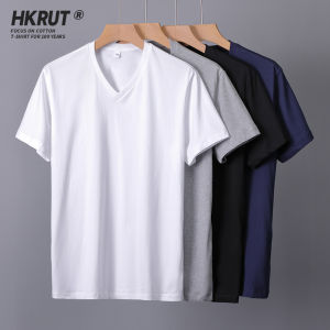 HKRUT | Cotton Simple V-Neck Short Sleeve T-Shirt Plus Size Slim Fit