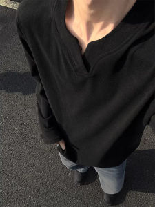 Black V-Neck Long Sleeve Base Shirt Inner Wear Top Mens Autumn Winter High-End Feeling Velvet T-Shirt American Style Sweatshirt