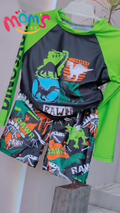 Swimming Outfit Set for Kids Boys Cute Dinosaur Shark Design Tops + Short & Cap Rashguard Swimwear Set for Boys 1-8 Years Old