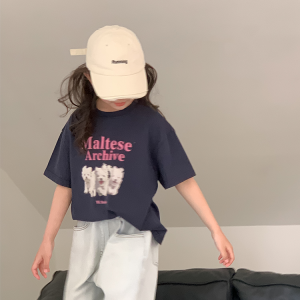 Korean Style Pure Cotton Short Sleeve T-Shirt for Girls Summer Clothing Base Layer Cartoon Print Childrens Wear Spring Summer