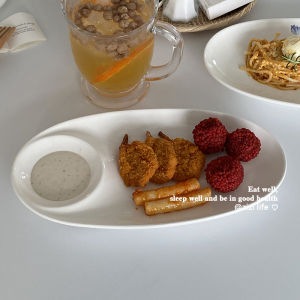 Simple Ins Pure White Double Use Oval Sushi Plate Dumplings Snacks Small Bites Home Use Dipping Sauce Plate Korean Style