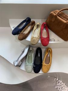 Ballet Style Butterfly Knot Light Red Mouth Single Shoes Womens New Retro Bean Bean Shoes Velvet Heel 3cm Grandma Shoes