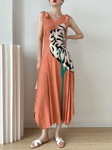 Nova quality⭐ One person one pleat ⭐ Miyake pleated summer womens halter V-neck print dress sleeveless vest slimming temperament elegant ribbon long dress