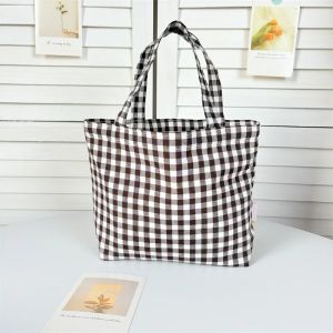 Portable Womens Bento Handbags Simple Plaid Ladies Small Tote Purse Shoulder Bags Retro Female Cloth Reusable Shopping Bag