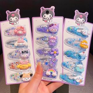 5Pcs Sanrio Kuromi Girls Hairpins Kawaii Cinnamoroll Baby Hairclip Melody Princess Flowing Sand Hair Barrette Sanrio Accessories Girls Birthday Christmas Gift