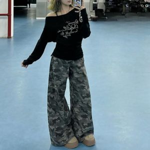 กางเกงยีนส์ขากว้างเอวสูงลายพรางสไตล์อเมริกันสำหรับผู้หญิง กางเกงขายาวทรงหลวมสำหรับใส่ทำงาน กางเกงยีนส์ทรงหลวมเอวสูง