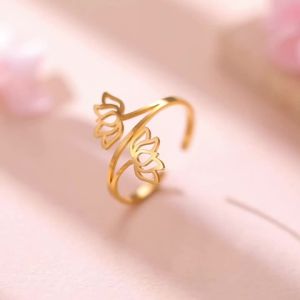 Fashionable Hollow Double Lotus Opening Ring Stainless Steel Irregular Minimalism Bohemian Lotus Eternal Ring Yoga Couple Gift