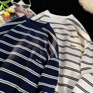 Áo Nỉ Sọc Cổ Tròn Rộng Rãi Cho Nam Áo Khoác Ngoài Mùa Xuân Thu Phong Cách Hồng Kông Cho Học Sinh Cặp Đôi Thời Trang Đa Năng