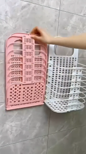 1 PC Plastic Folding Hanging Laundry Basket No Drilling Large Capacity Space Saving Bathroom Storage Rack Dirty Clothes Basket