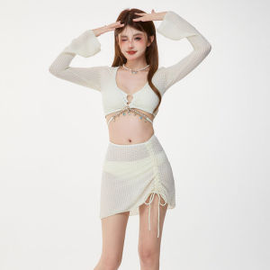 IEAGO Womens 4in1 Swimwear Cover Up Bikini Set Long Sleeve Cover Up Swimsuit Solid Color Beach Wear Outfit Bathing Suit