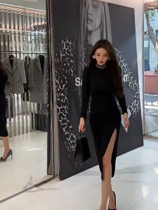 ZYHT eravogue đầm dự tiệc sang trọng màu đen đầm body nữ ôm body xẻ tà dài cổ áo cao 60017