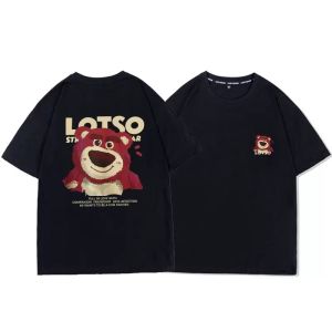 Tagkita สตรอเบอร์รี่หมีพิมพ์เสื้อยืดผู้หญิงสไตล์หวาน Cotton Crewneck แขนสั้นความยาวกลางสีดํา SLIM FIT หลวม Fit ฤดูร้อนสวมใส่