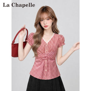 La Chapelle | Vintage Red Plaid Summer Lightweight Lace Trim V-Neck Fitted Short Sleeve Shirt