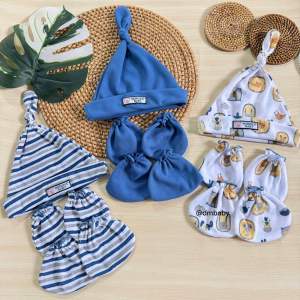 Seri Denim - 3 Set Kupluk Sartaki Sarung Tangan dan Sarung Kaki Bahan Lembut Tebal New Born Bayi Baru Lahir