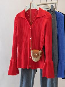Ladies Stylish Long Sleeve Polo Neck Knitted Sweater Cardigan Slim Fit Fashionable Turn-down Collar Outerwear Red New Years Lazy Style