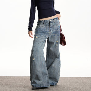 VATTY American Retro Bamboo Washed Faded Hole Knife Jeans Loose Straight Leg Micro Flared Slimming Pants Womens Casual Jeans