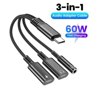 Cáp Chuyển Đổi Âm Thanh 3 Trong 1 Sạc Nhanh 60W USB C Sang 3.5mm/Type C Dành Cho iPhone 16/15 Samsung Bộ Chuyển Đổi Tai Nghe